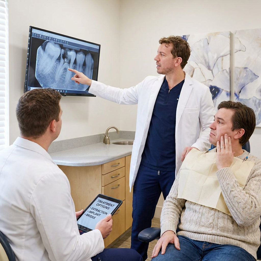 A dentist at Schaefer Dental Group in Brighton points to a tooth x-ray while talking to a patient in a cable-knit sweater.
