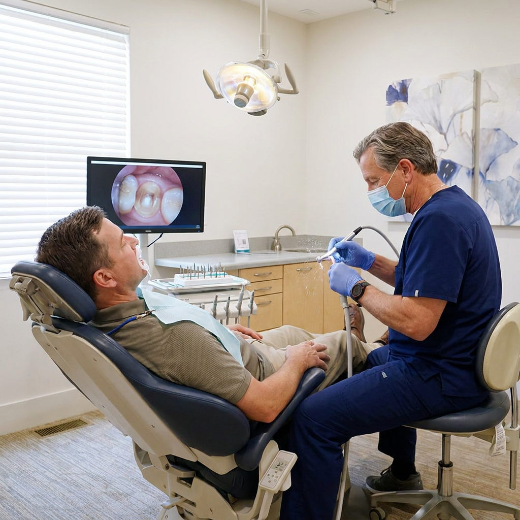 A dentist at Schaefer Dental Group in Brighton uses an intraoral camera while preparing a tooth for a dental bridge.