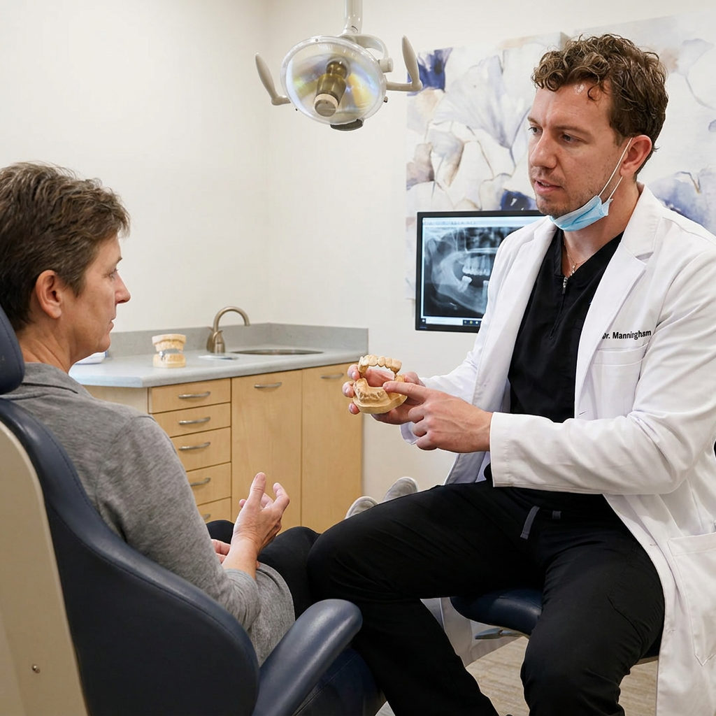 A Schaefer Dental Group dentist in Brighton shows a patient a three-unit bridge model to explain a restorative plan.
