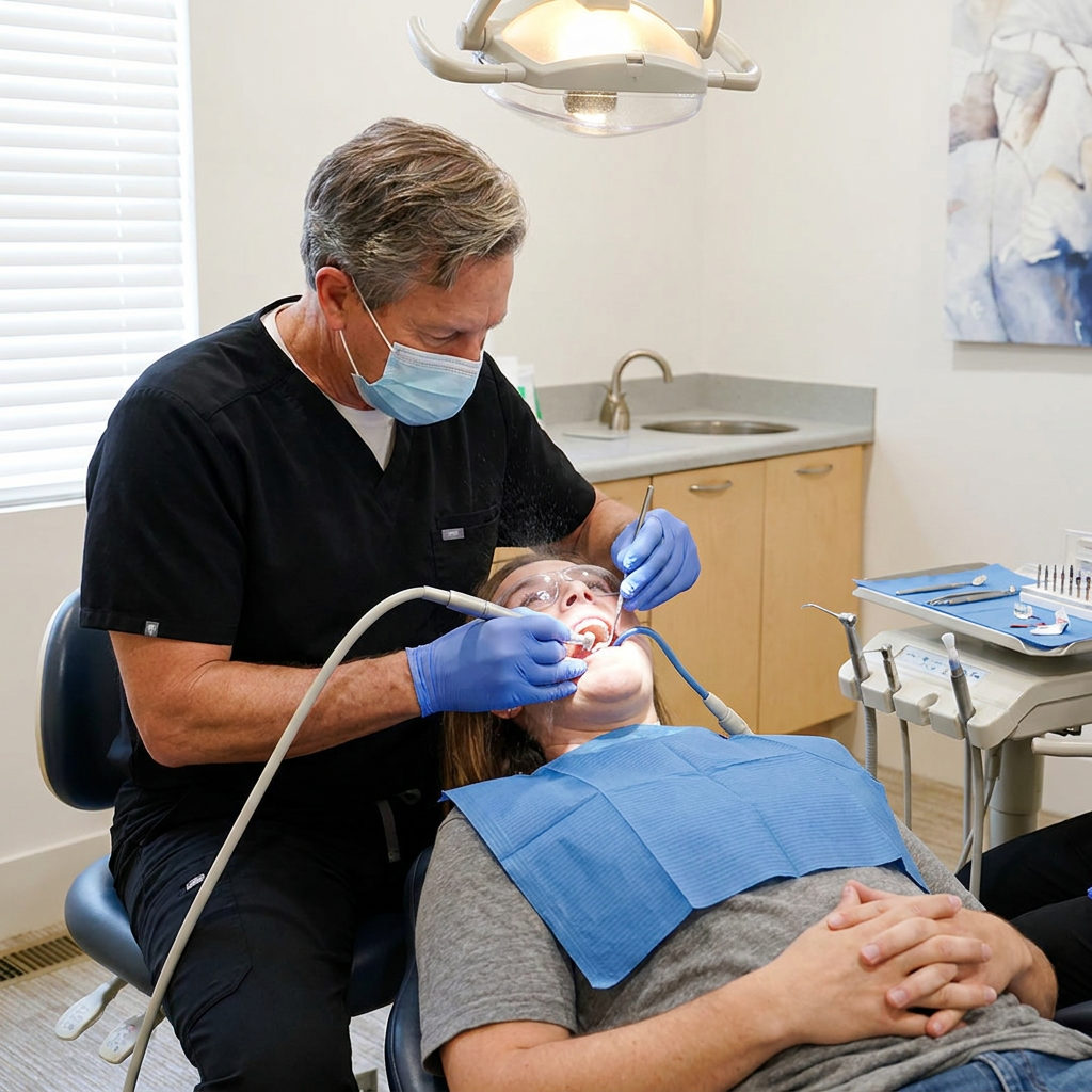 A dentist at Schaefer Dental Group in Brighton MI performs a crown preparation on a patient using a high-speed handpiece.