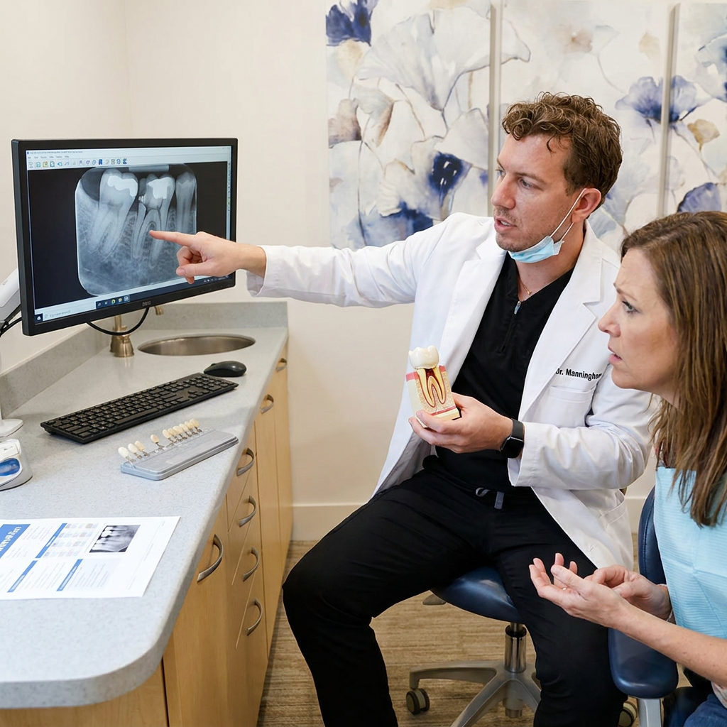 A Schaefer Dental Group dentist in Brighton shows a patient a tooth model and x-ray to discuss dental crown options.