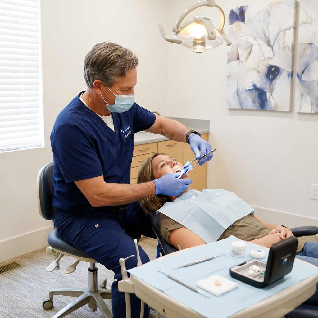 A dentist at Schaefer Dental Group in Brighton checks a patient's bite on a new ceramic crown using blue marking paper.