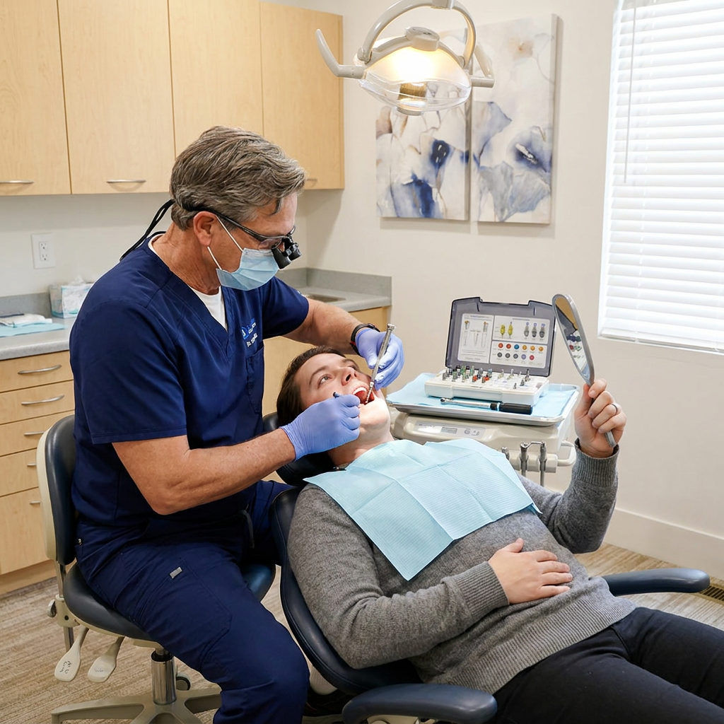 A Schaefer Dental Group dentist threads a dental implant abutment while a Brighton patient watches in a handheld mirror.