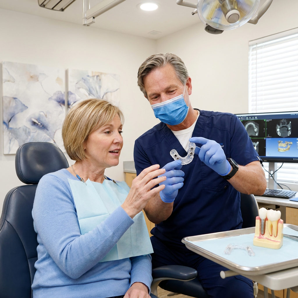 A dentist at Schaefer Dental Group shows a patient a 3D-printed surgical guide for dental implant placement.