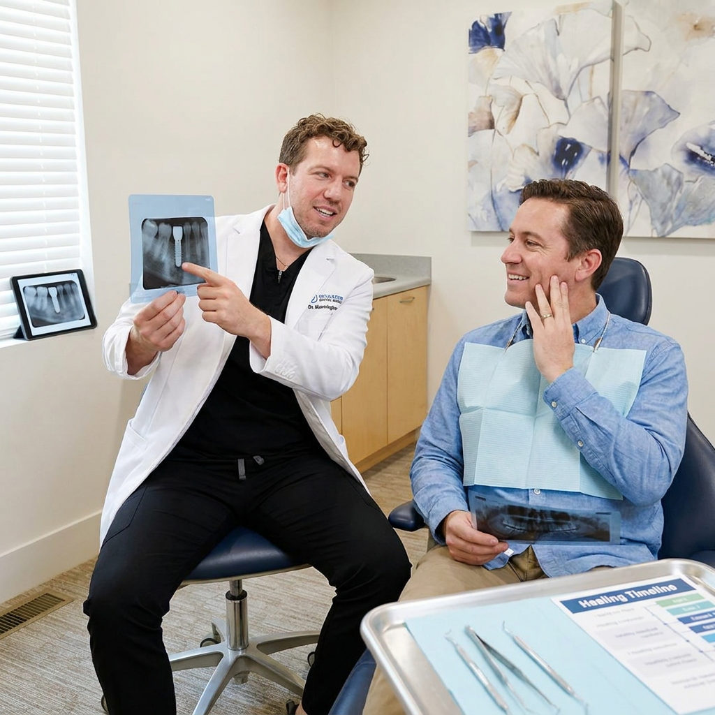 A dentist at Schaefer Dental Group in Brighton reviews a dental implant x-ray with a patient during a healing exam.