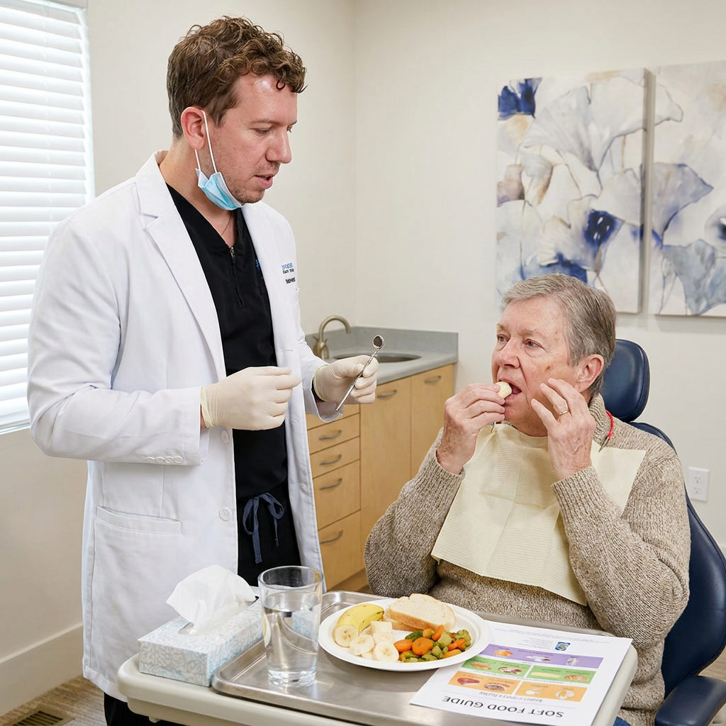A Schaefer Dental Group dentist in Brighton observes a patient testing their new dentures with a small bite of soft food.