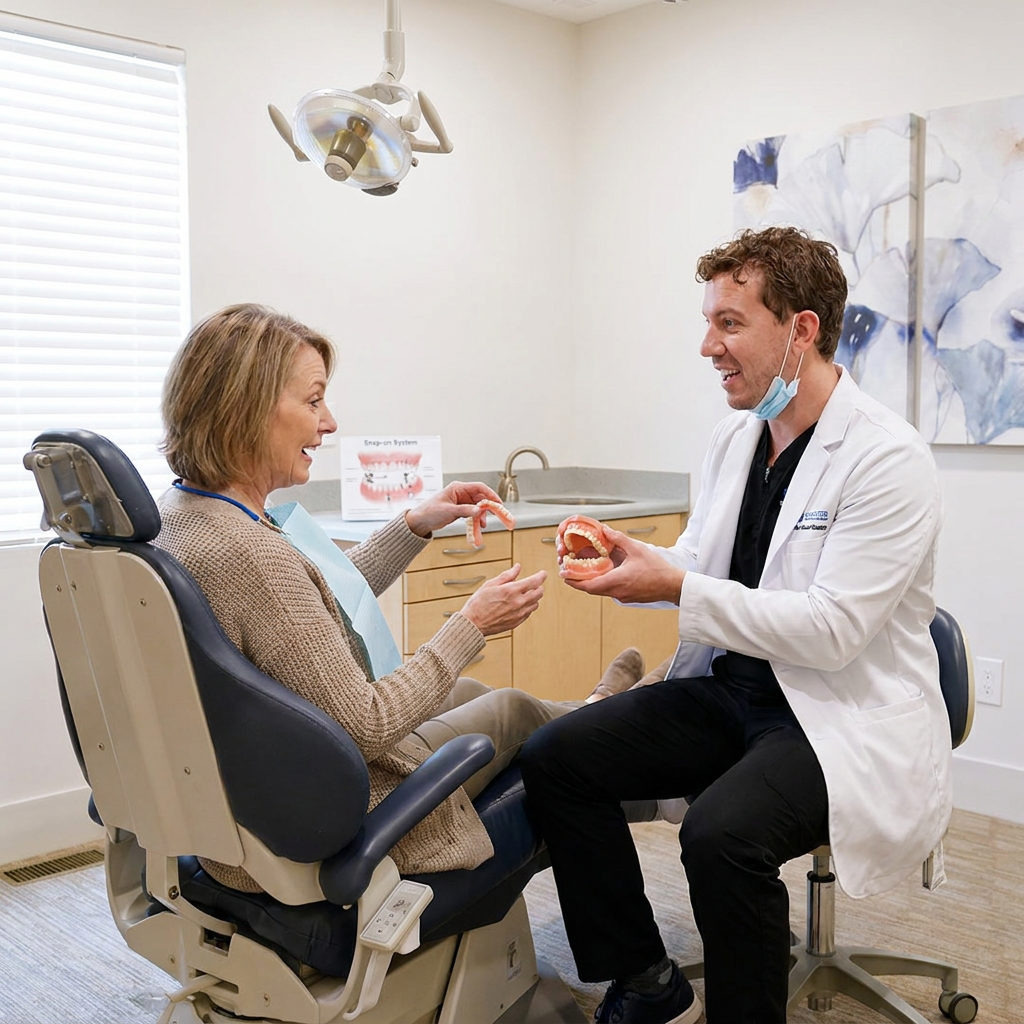 A Schaefer Dental Group dentist in Brighton shows a patient the stability of snap-on dentures using anatomical models.