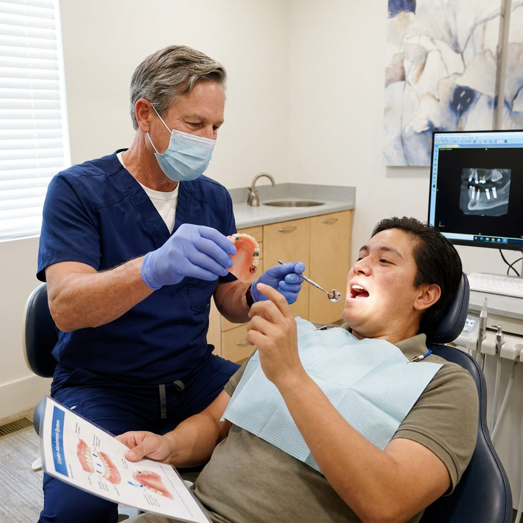 A Schaefer Dental Group dentist in Brighton shows a patient how snap-on denture housings connect to implants using a mirror.