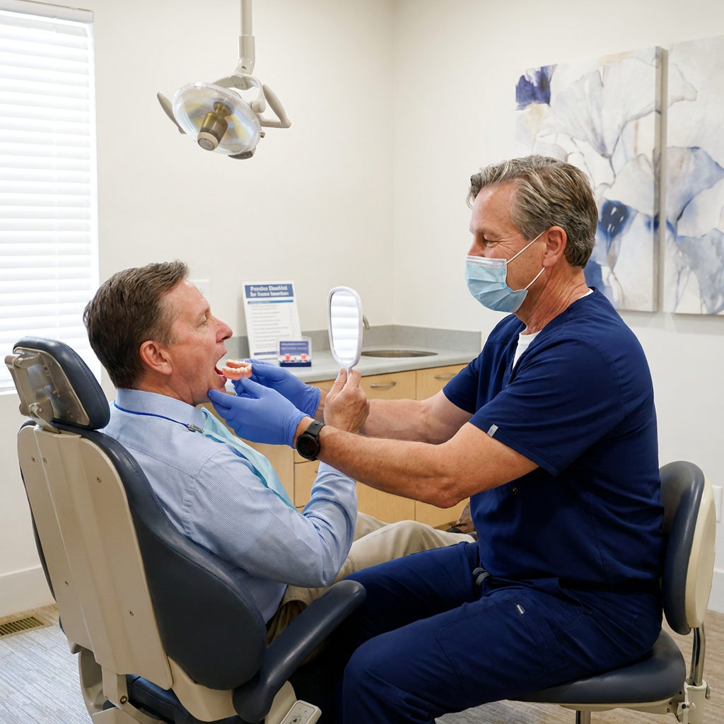 A Brighton dentist at Schaefer Dental Group helps a patient align an implant denture using a mirror and gentle guidance.