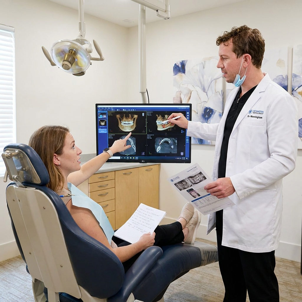 A Schaefer Dental Group dentist in Brighton uses 3D imaging to explain an oral surgery plan to a patient during a consultatio