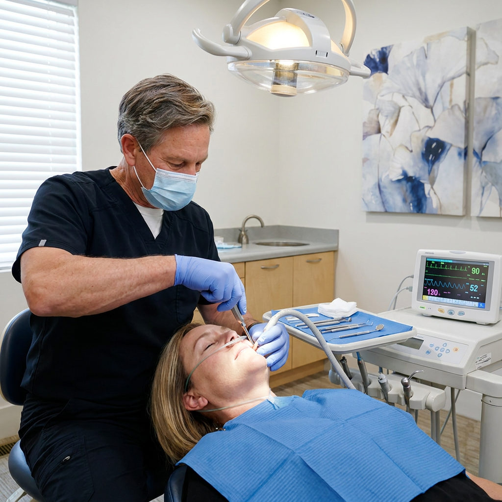 A dentist at Schaefer Dental Group in Brighton performs a surgical extraction on a comfortable, sedated patient.