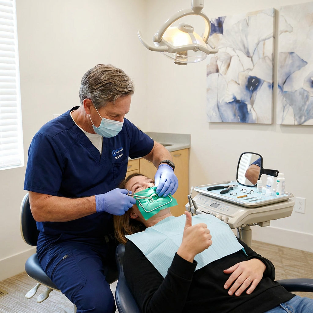 A Brighton dentist at Schaefer Dental Group adjusts a rubber dam while the reclined patient gives a thumbs up.