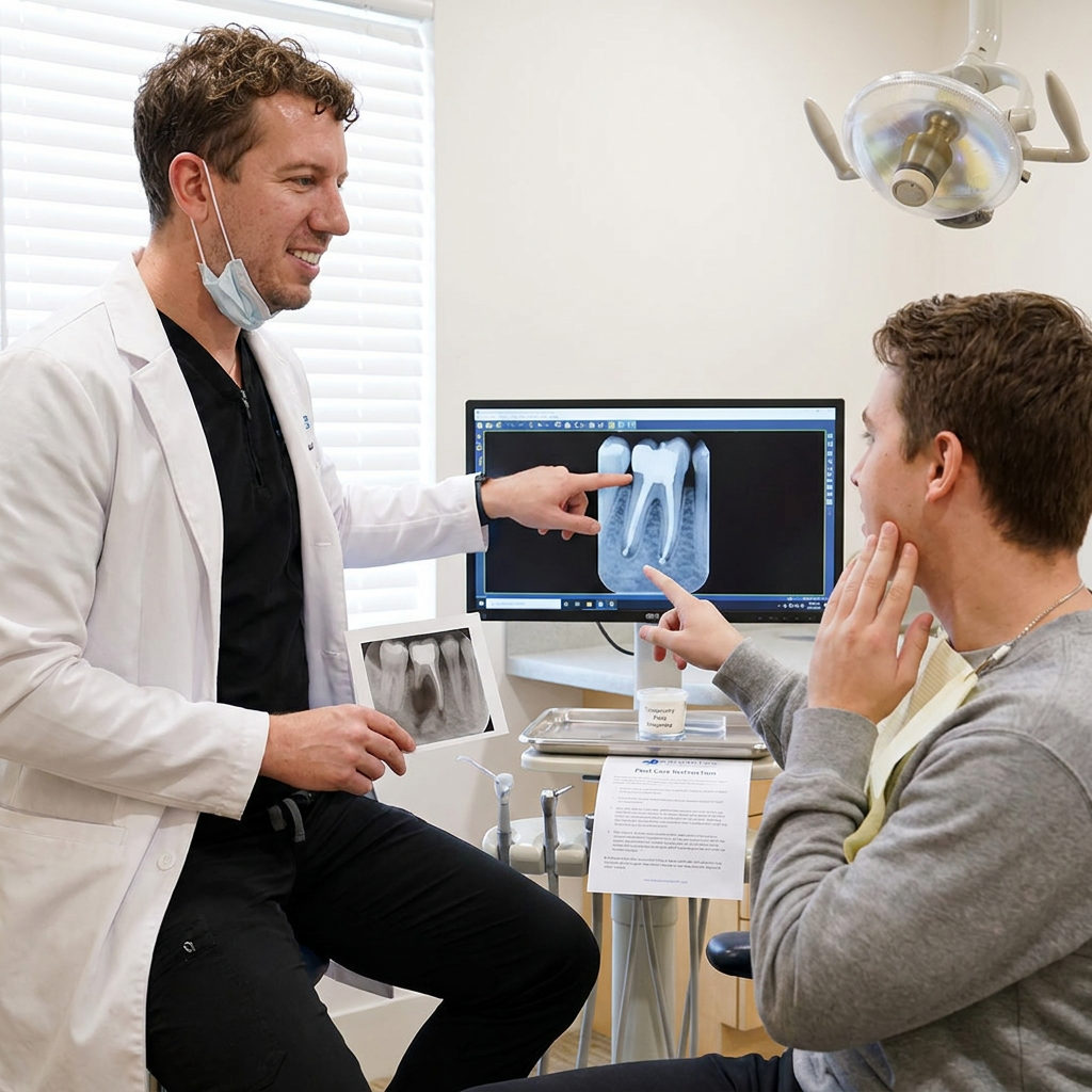 A Brighton dentist at Schaefer Dental Group points to a digital x-ray of a completed root canal for a relieved patient.