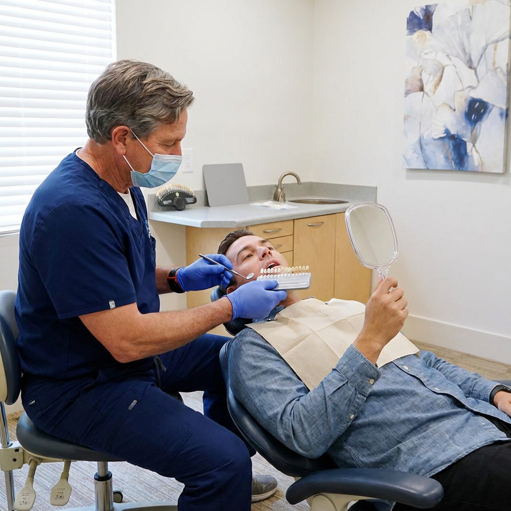 A Schaefer Dental Group dentist in Brighton uses a shade guide to match a filling to a patient's tooth color.