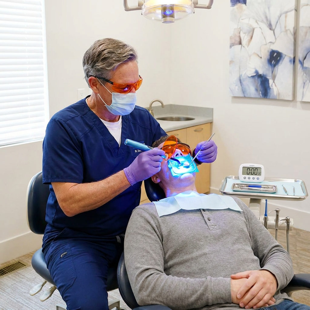 A Brighton dentist at Schaefer Dental Group uses a blue LED light to cure a composite filling for a reclining patient.