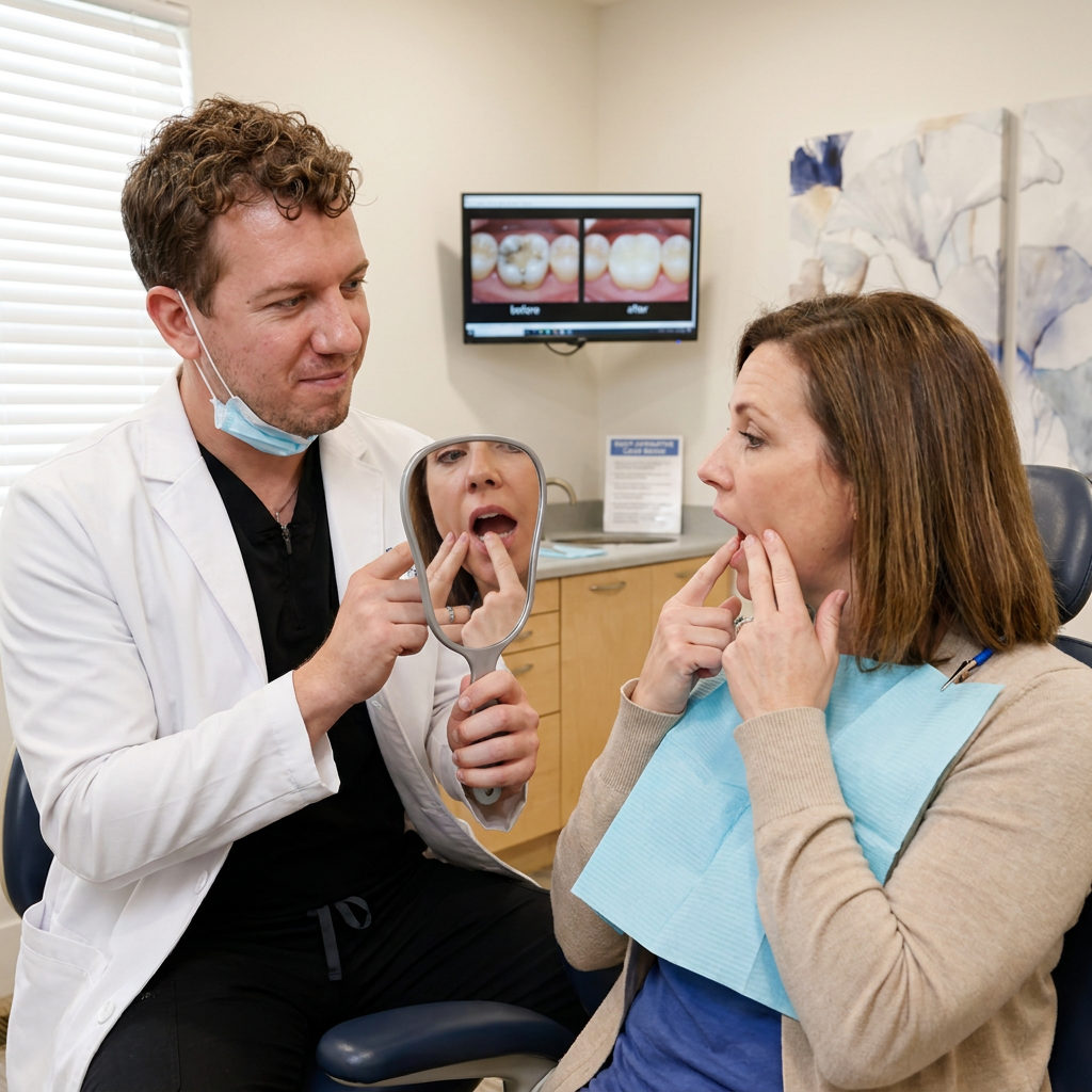 A dentist and patient at Schaefer Dental Group in Brighton examine a seamless tooth filling in a handheld mirror.