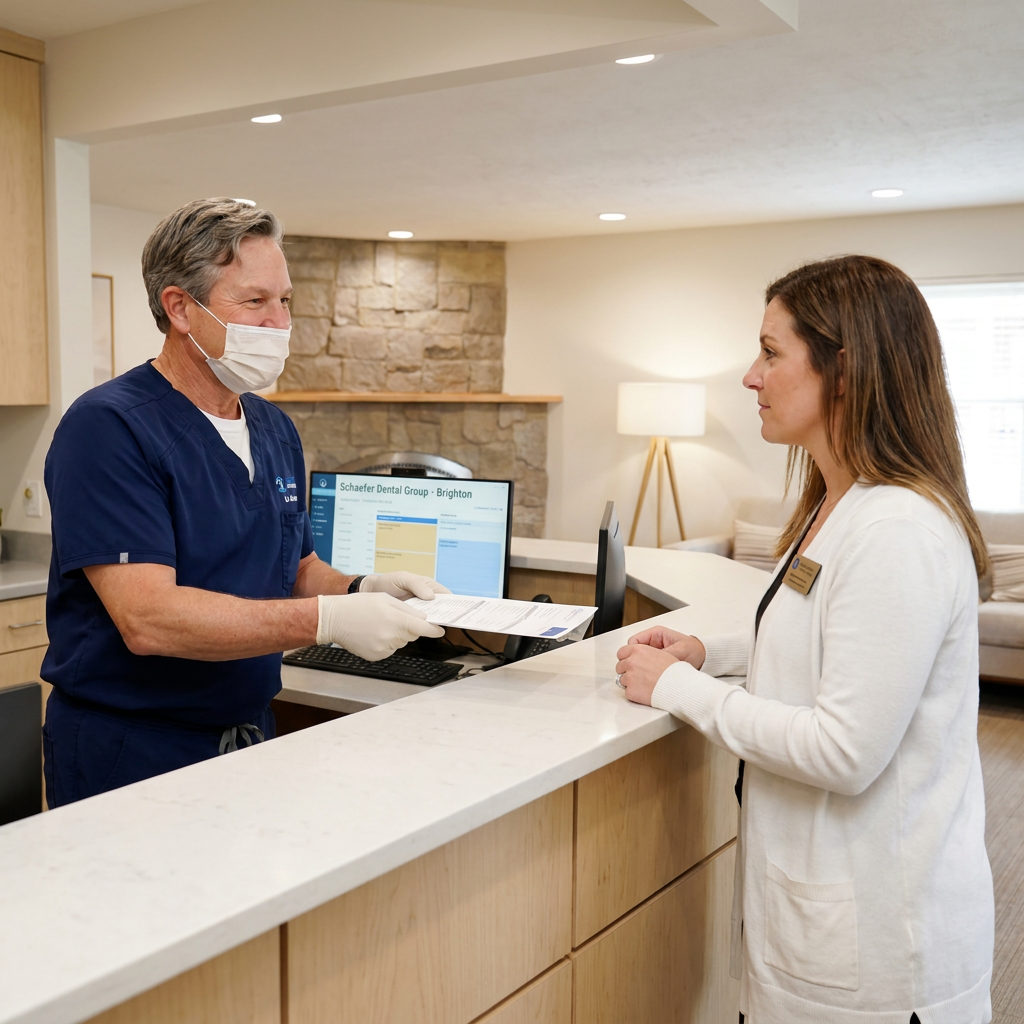 A dentist hands insurance forms to a patient at the Schaefer Dental Group reception desk in a modern office.