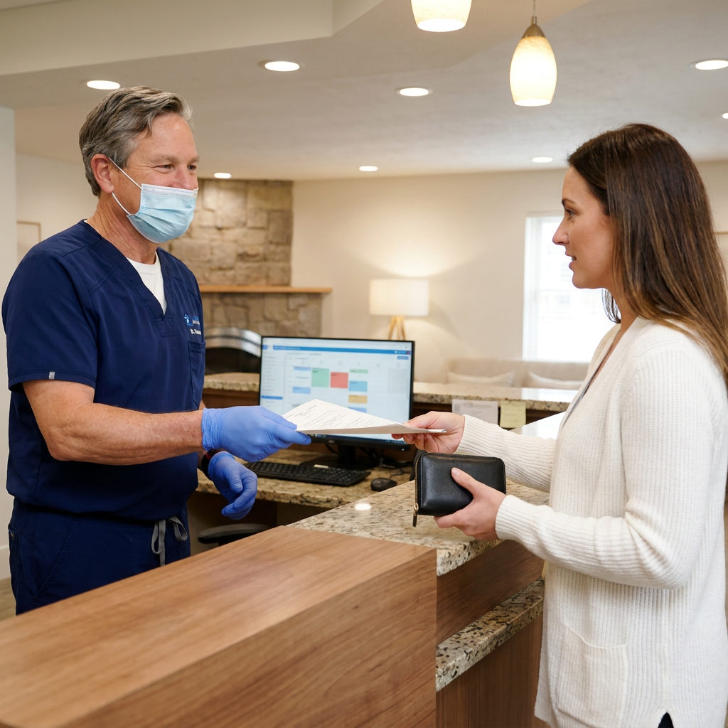 A dentist in navy scrubs hands insurance forms to a patient at the Schaefer Dental Group reception desk.