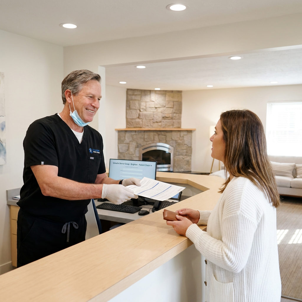 A dentist hands insurance forms to a patient at the Schaefer Dental Group reception desk in a modern office.