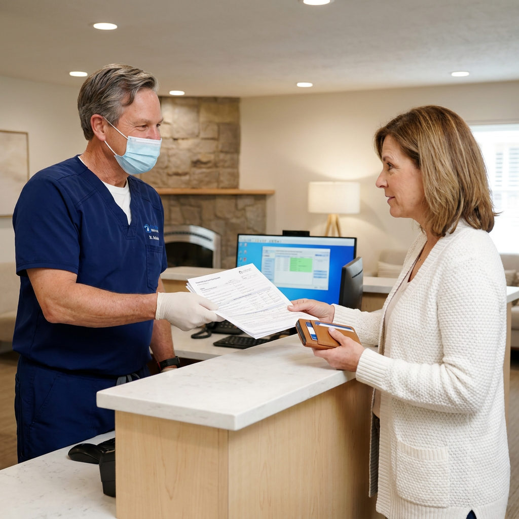 A dentist hands insurance forms to a patient at the Schaefer Dental Group reception desk during check-in.