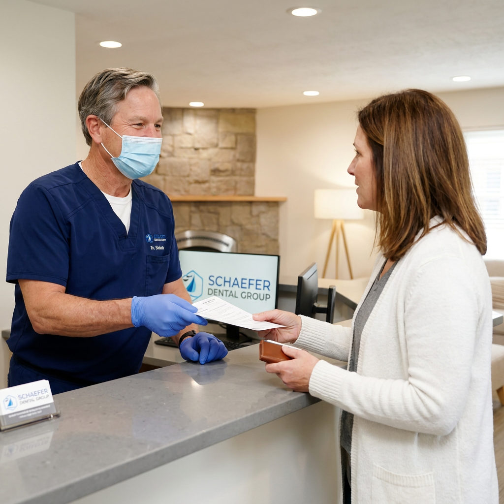 A dentist hands insurance paperwork to a patient at the Schaefer Dental Group reception desk in Brighton.