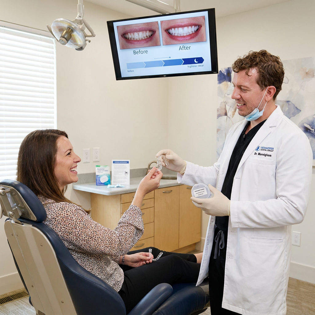 A dentist presents custom clear retainers to a smiling patient at Schaefer Dental Group in Brighton, MI.