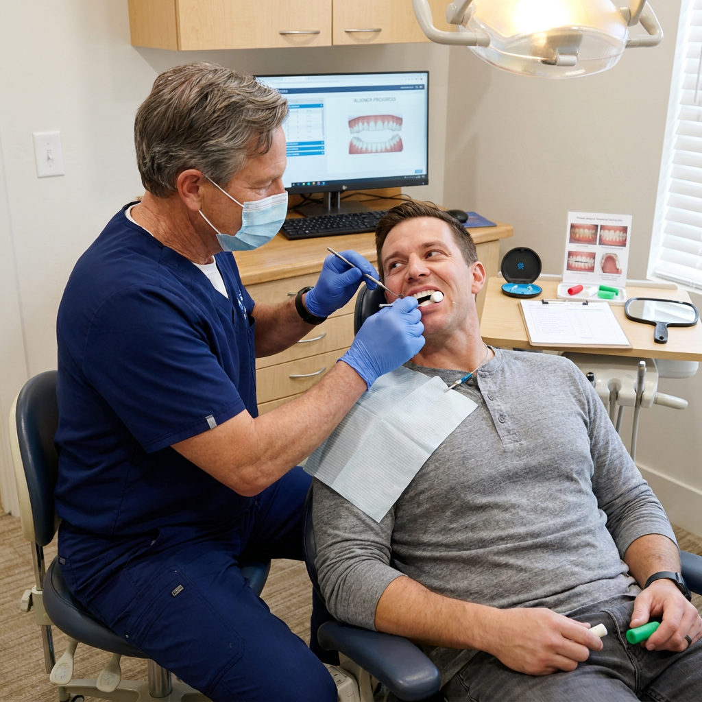 A dentist at Schaefer Dental Group in Brighton checks clear aligner fit as the patient bites on a dental chewie.