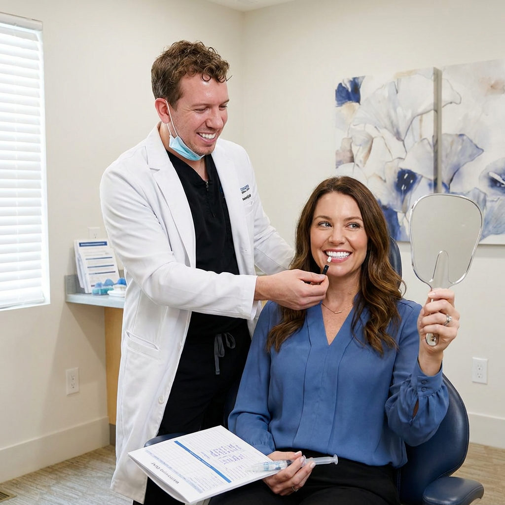 A Brighton dentist shows a patient their bright smile and shade comparison after whitening at Schaefer Dental Group.