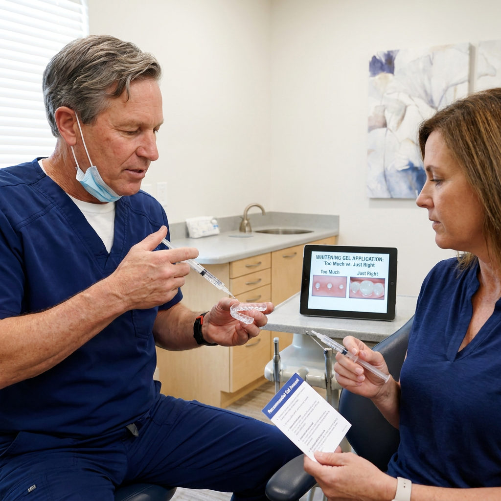 A Schaefer Dental Group dentist in Brighton shows a patient how to apply whitening gel to a custom tray for home use.
