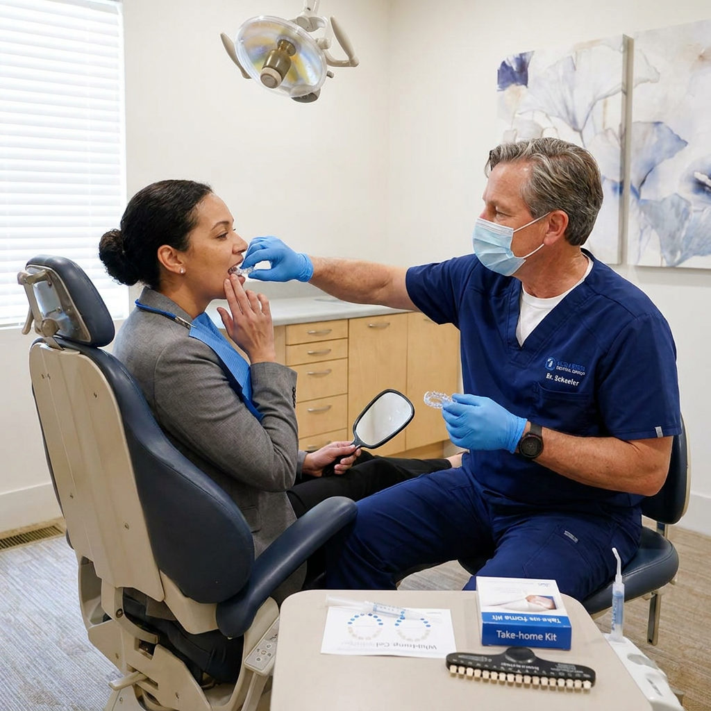 A Schaefer Dental Group dentist in Brighton, MI, helps a patient fit custom whitening trays while using a handheld mirror.