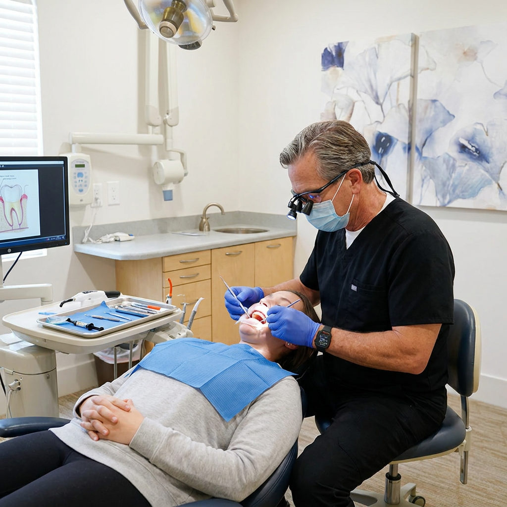 A Schaefer Dental Group dentist in Brighton uses precise tools to sculpt composite material during a dental bonding procedure