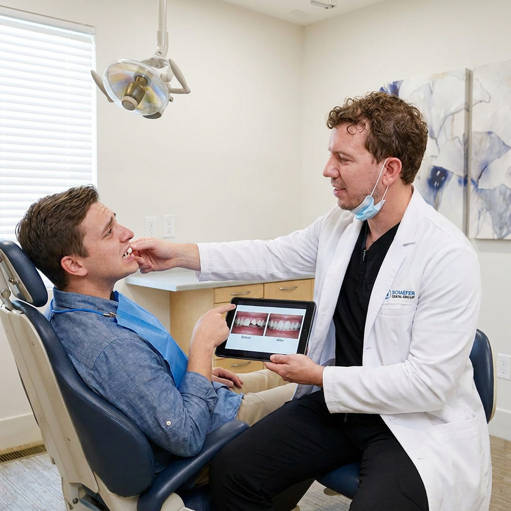 A Schaefer Dental Group dentist in Brighton MI shows a patient dental bonding results on a tablet during an exam.