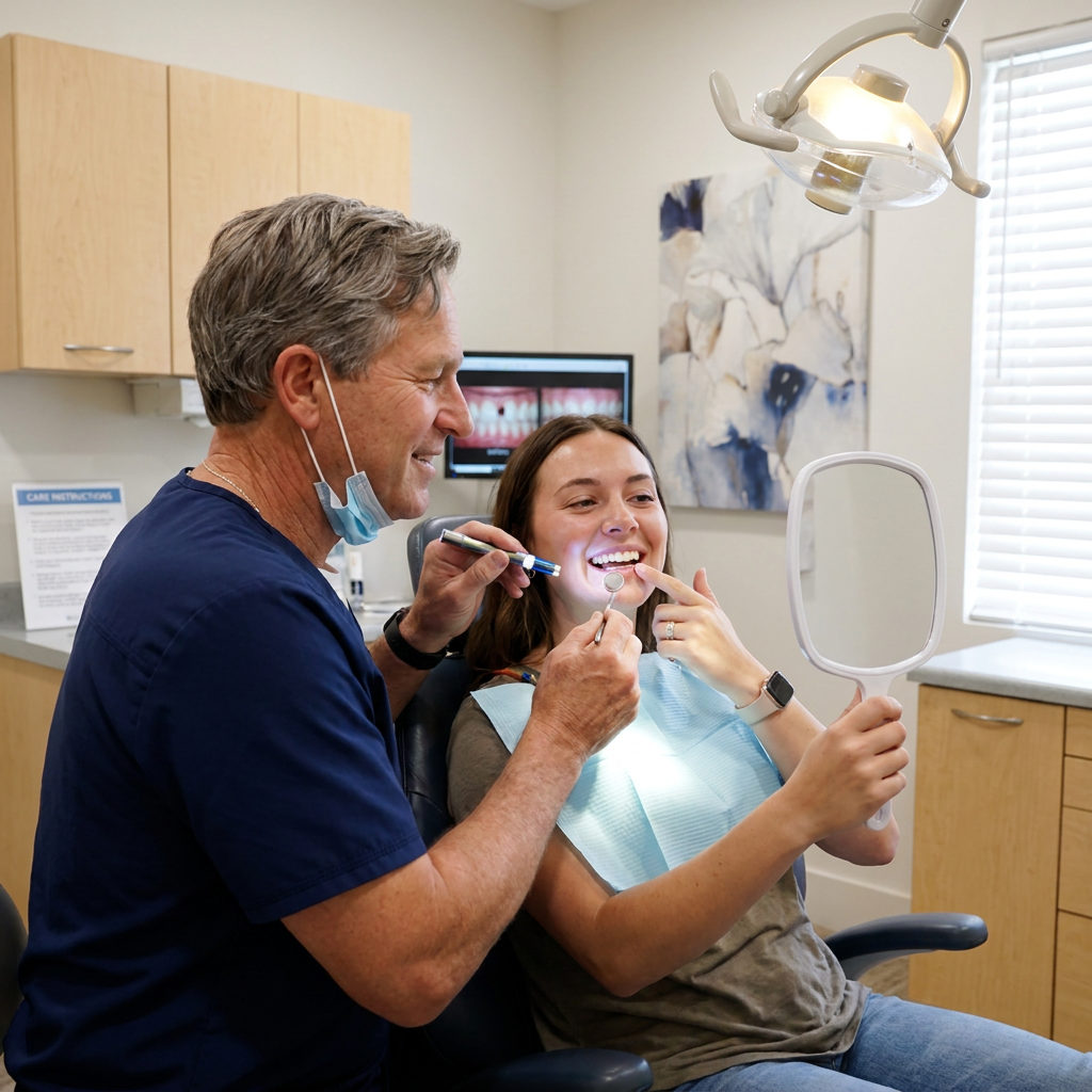 A Schaefer Dental Group dentist in Brighton uses a penlight to check a patients new dental bonding in a mirror.
