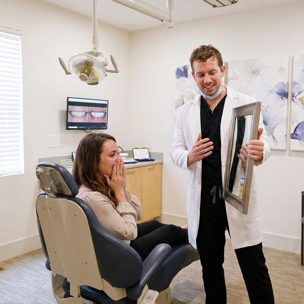 A patient smiles at their new veneers in a mirror at Schaefer Dental Group in Brighton while the dentist observes.