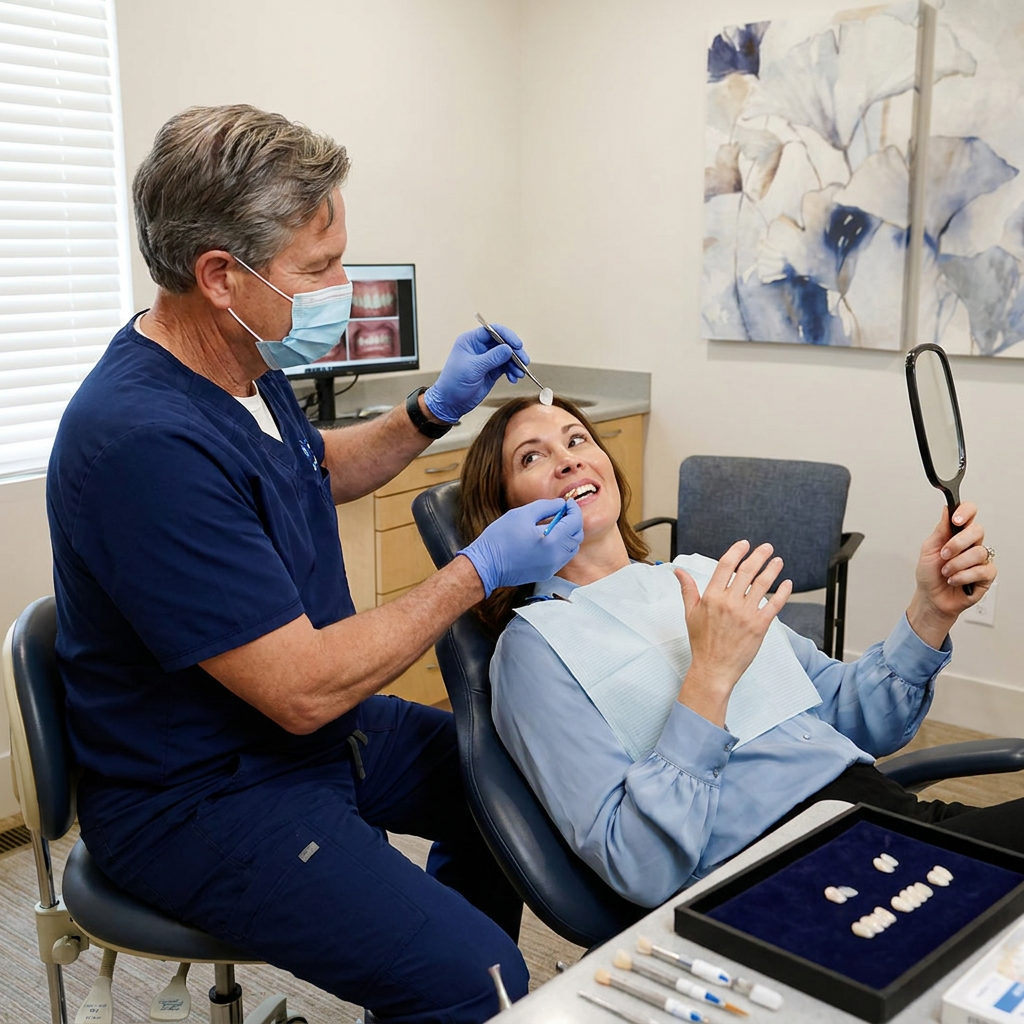 A dentist at Schaefer Dental Group in Brighton places porcelain veneers while a patient watches in a handheld mirror.