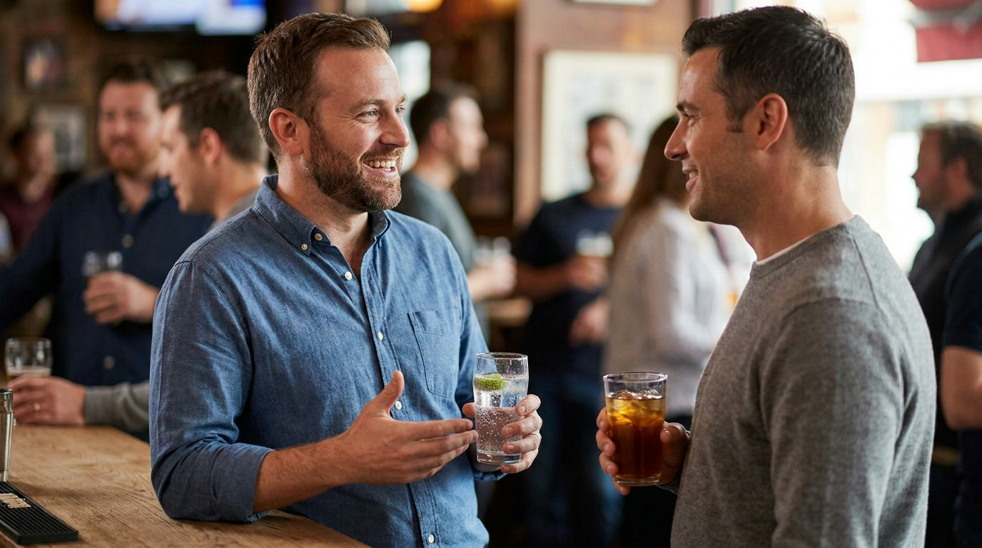 Adam, in a blue button-up shirt, smiles and gestures while holding a clear drink with lime, talking to Brandon, in a gray sweater, who holds an iced tea, both standing at a wooden bar in a lively, dimly lit pub.