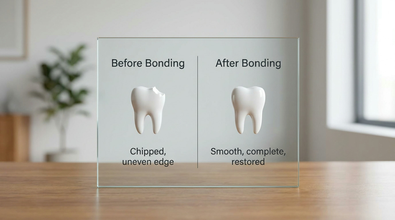 A clear glass display on a wooden table shows a "Before Bonding" section with a chipped tooth model and text "Chipped, uneven edge," next to an "After Bonding" section with a smooth tooth model and text "Smooth, complete, restored.