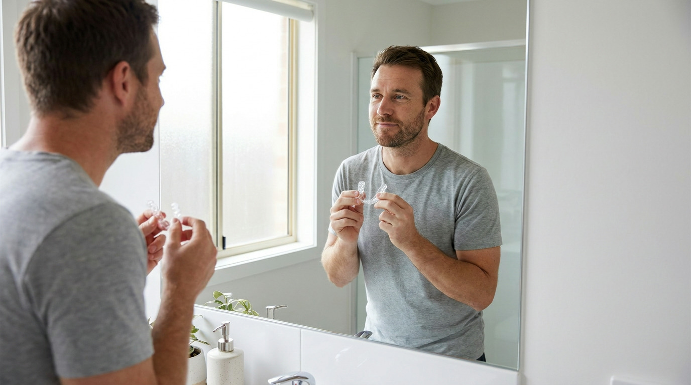 Adam, in a gray t-shirt, looks at his reflection in a bathroom mirror while holding two clear dental aligners.