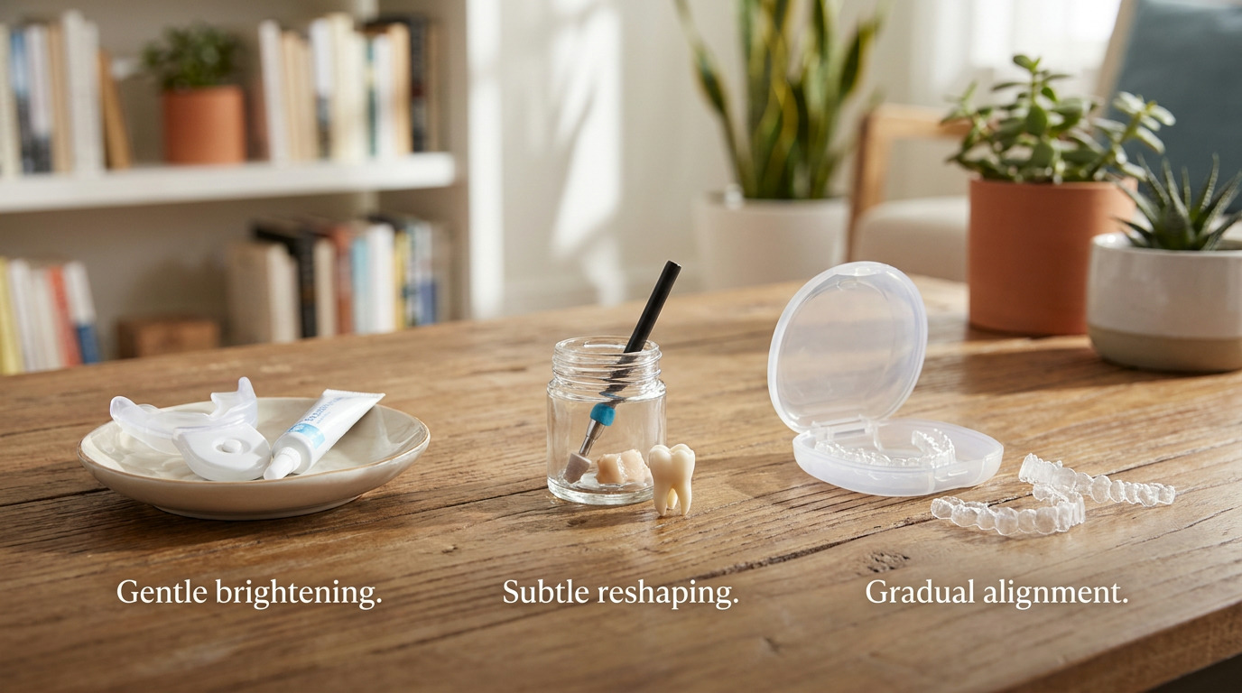 A wooden table displays a whitening tray and toothpaste, a jar with dental tools and a tooth model, and clear aligners in a case, with plants and bookshelves in the background.