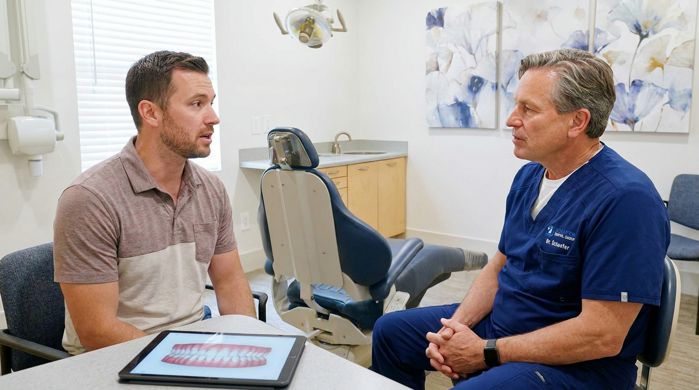 Adam, wearing a two-tone polo, sits across a table from Dr. B. Patrick Schaefer, who wears blue scrubs, as they converse in a dental consultation room with a tablet displaying teeth between them.