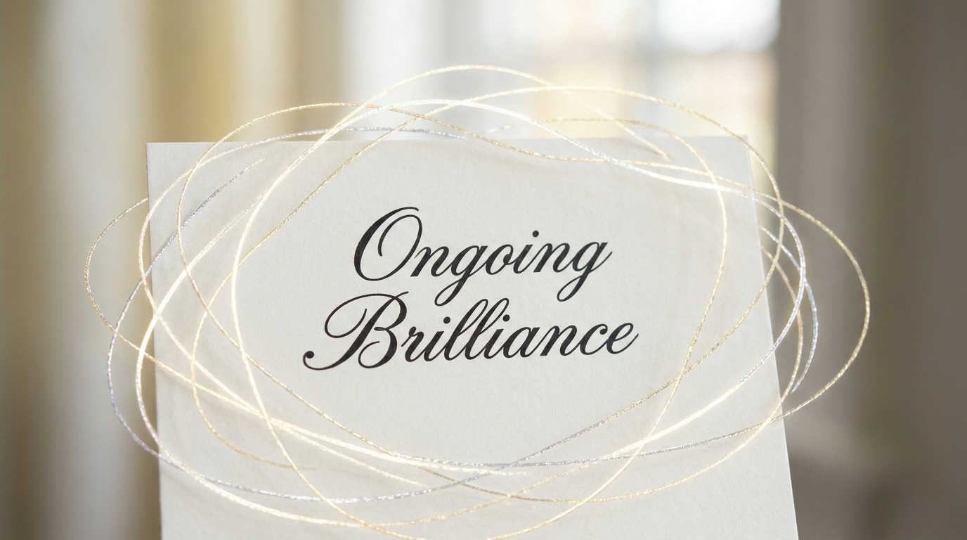 A cream-colored card with the words "Ongoing Brilliance" in black script is surrounded by shimmering gold and silver threads, set against a soft, blurred background.