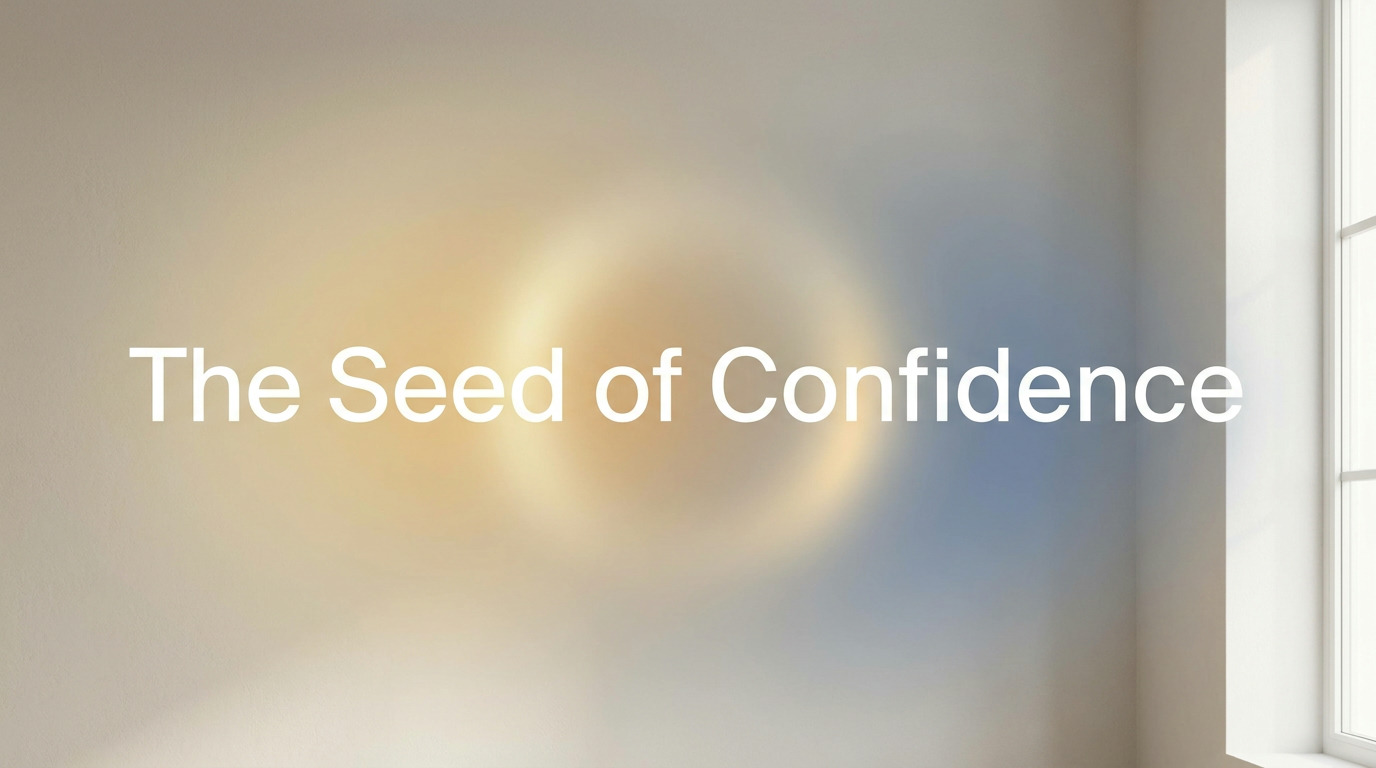 The phrase "The Seed of Confidence" is displayed in white text on a wall with a soft yellow and blue gradient, next to a white window frame on the right.