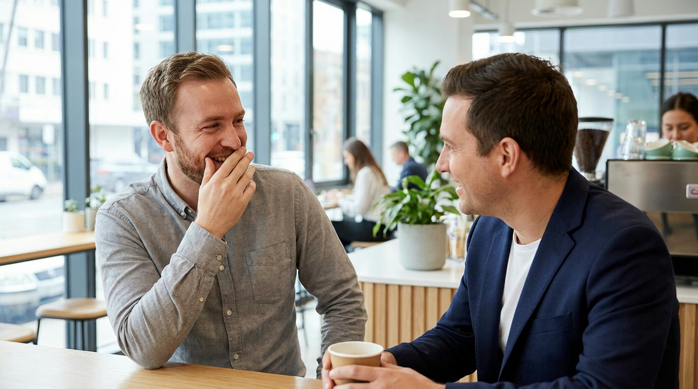 Adam, in a gray shirt, laughs with his hand over his mouth while looking at a colleague in a blue jacket, who smiles back while holding a coffee cup in a bright cafe with large windows.
