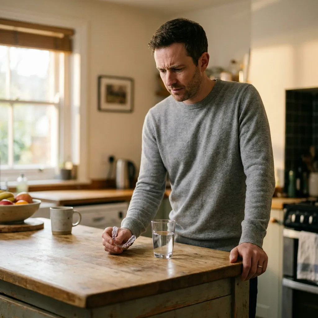 Adam holds a clear dental aligner tray and looks down at it, standing next to a glass of water on a wooden kitchen island with a coffee mug and fruit bowl nearby.