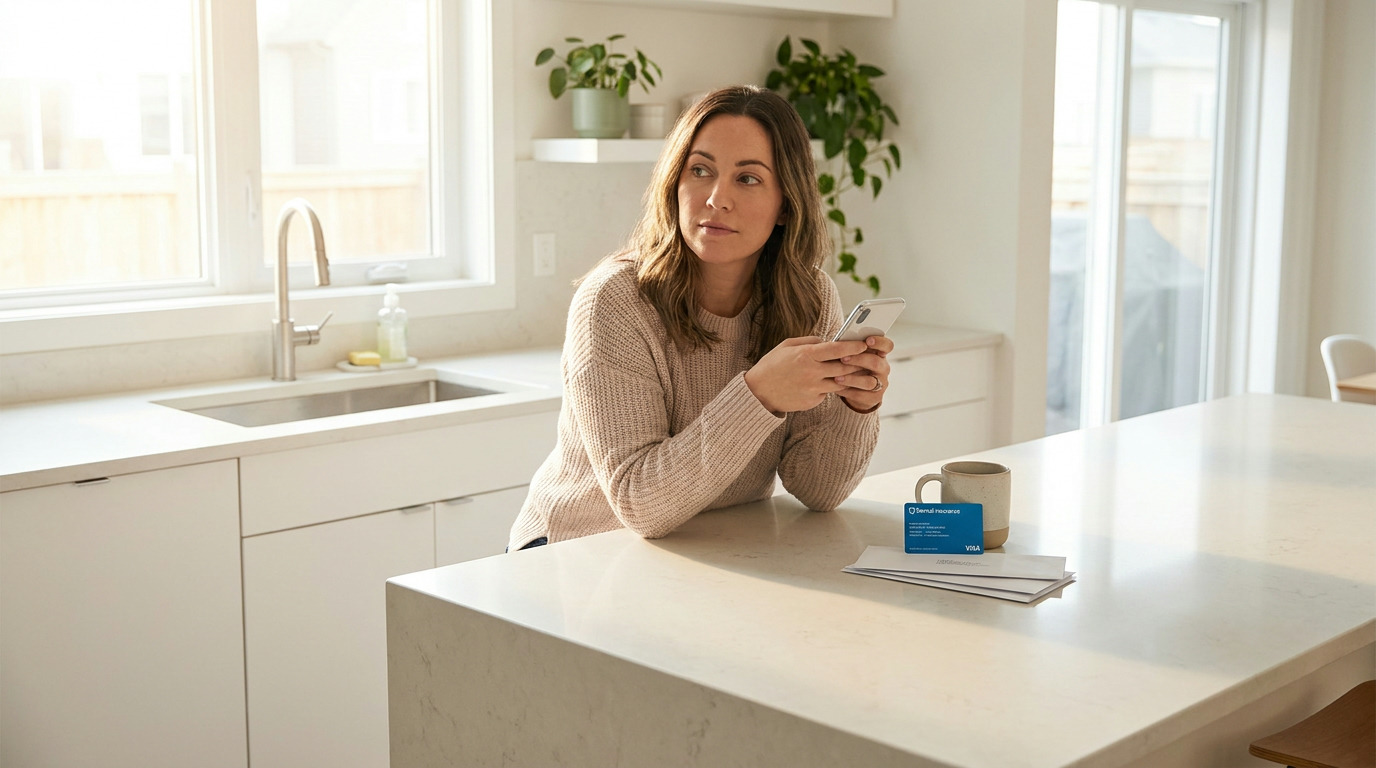 A woman in a beige sweater sits at a kitchen island, holding a smartphone and looking thoughtfully to the left, with a dental insurance card, mug, and papers on the counter.