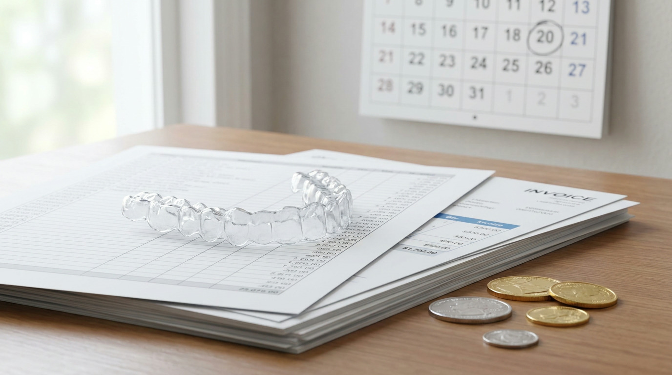 A clear aligner rests on financial documents and invoices next to gold and silver coins on a wooden desk, with a blurred calendar showing the 20th circled in the background.