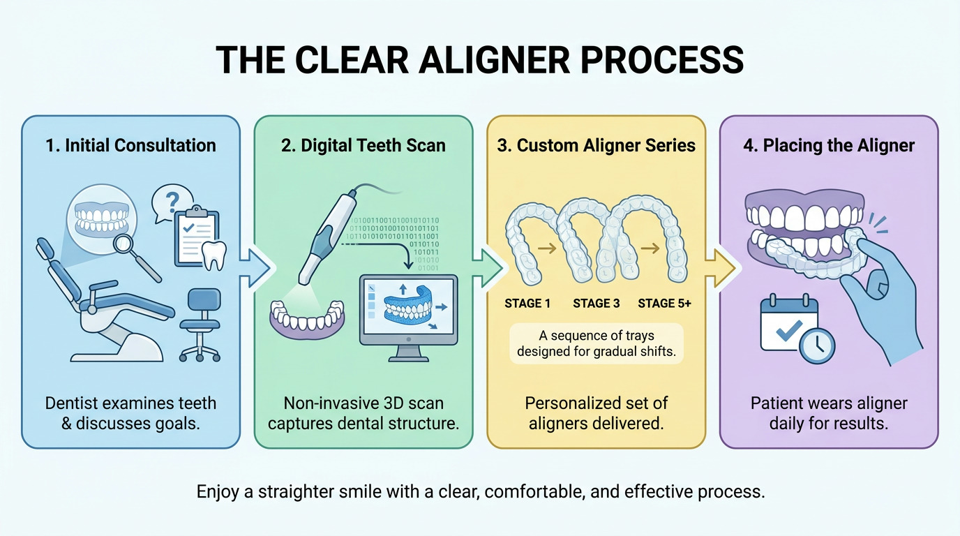 A four-step diagram shows the clear aligner process, including an initial consultation with a dental chair and tools, a digital teeth scan, a custom aligner series, and a hand placing an aligner onto teeth.