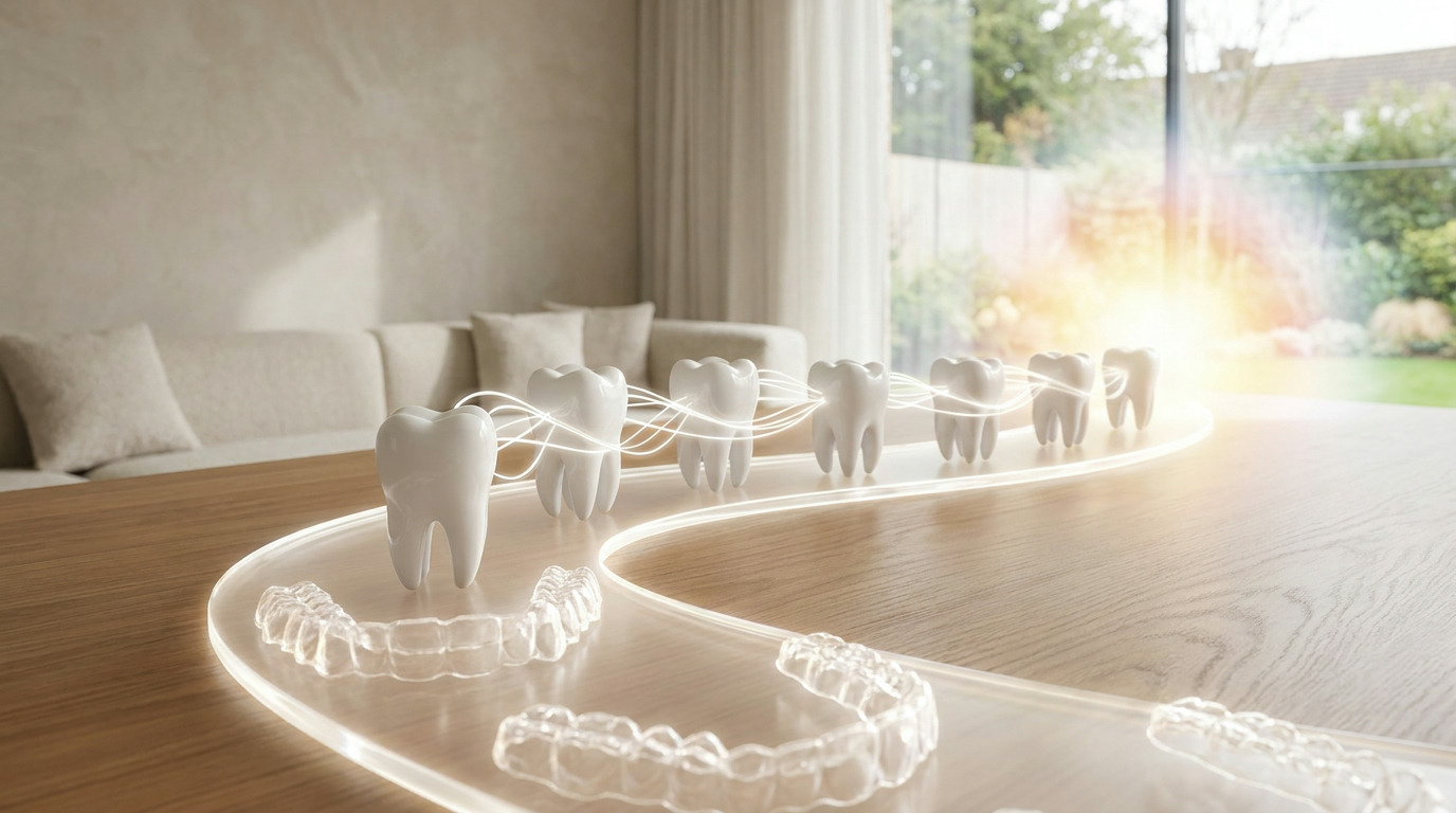 A series of white teeth models connected by glowing lines sit on a clear, glowing path with clear aligners, leading towards a bright outdoor scene with a garden and a sofa in the background.