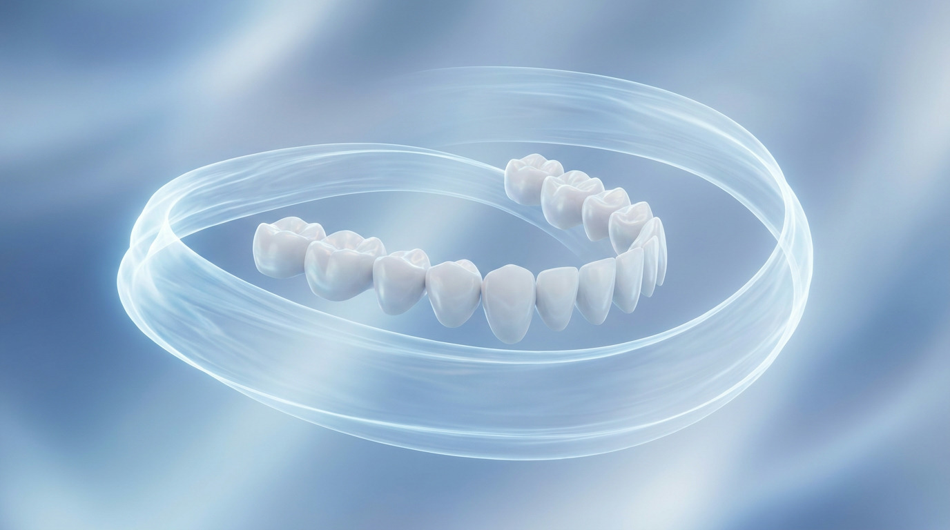 A curved row of white teeth is encircled by a flowing, translucent ribbon of light against a soft blue and white gradient background.