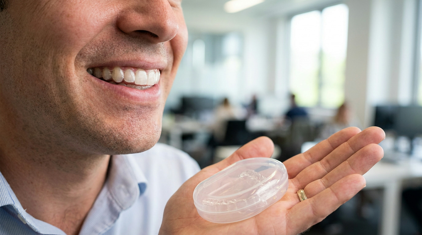 A smiling man with a clear aligner on his upper teeth holds a clear aligner case in his hand, wearing a light blue shirt and a gold ring, in a blurred office setting.